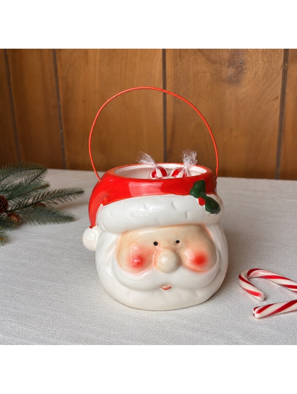 Vintage Santa Face Ceramic Candy Bucket Royal Norfolk Christmas Decor Handle